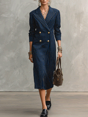 Quiet Suiting Fabric Slim-Fit Midnight Navy Gold Pinstripe Midi Dress