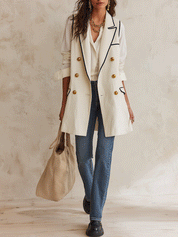 Quiet Luxury Textured Twill Relaxed-Fit Cream Gold Button Double-Breasted Vest