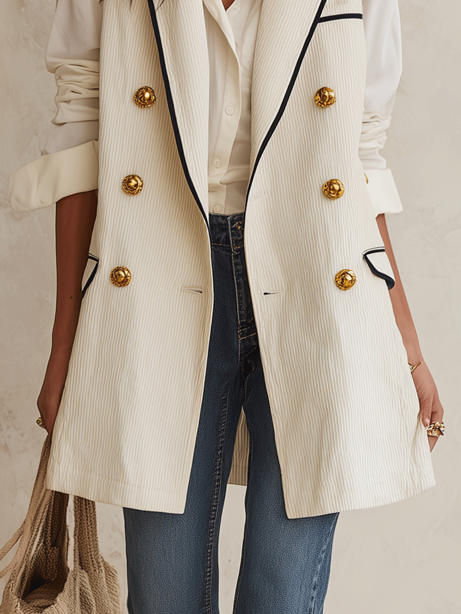 Quiet Luxury Textured Twill Relaxed-Fit Cream Gold Button Double-Breasted Vest