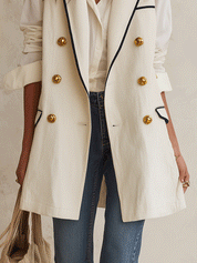 Quiet Luxury Textured Twill Relaxed-Fit Cream Gold Button Double-Breasted Vest