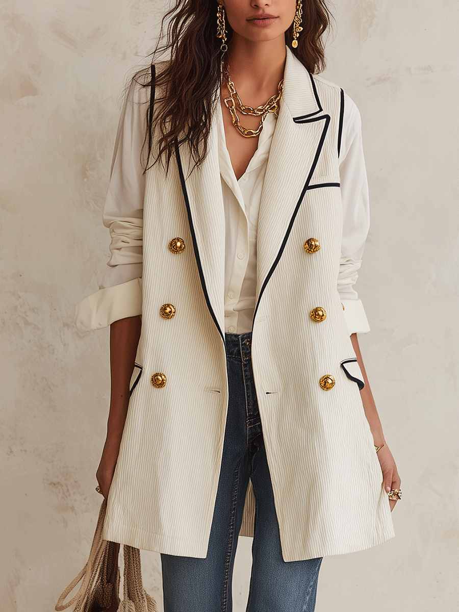 Quiet Luxury Textured Twill Relaxed-Fit Cream Gold Button Double-Breasted Vest