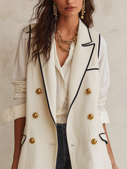 Quiet Luxury Textured Twill Relaxed-Fit Cream Gold Button Double-Breasted Vest