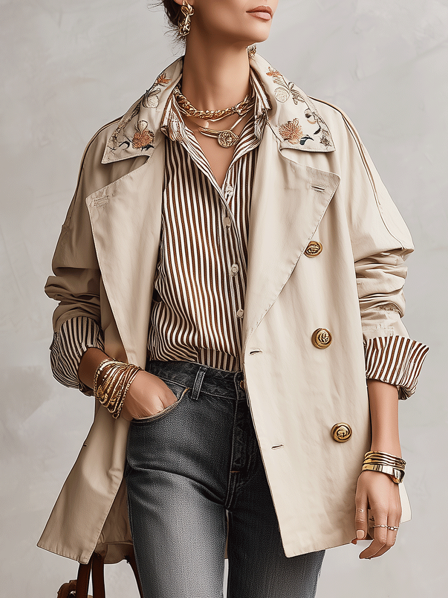 French Utility Cotton Twill Relaxed-Fit Sand Beige Embroidered Collar Jacket