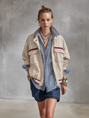 Modern Utility Cotton Twill Relaxed-Fit Beige Contrast-Stripe Zip Jacket