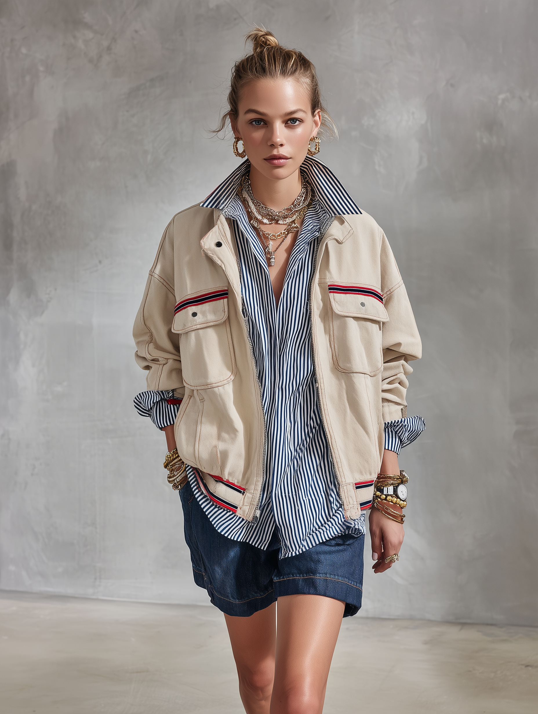 Modern Utility Cotton Twill Relaxed-Fit Beige Contrast-Stripe Zip Jacket