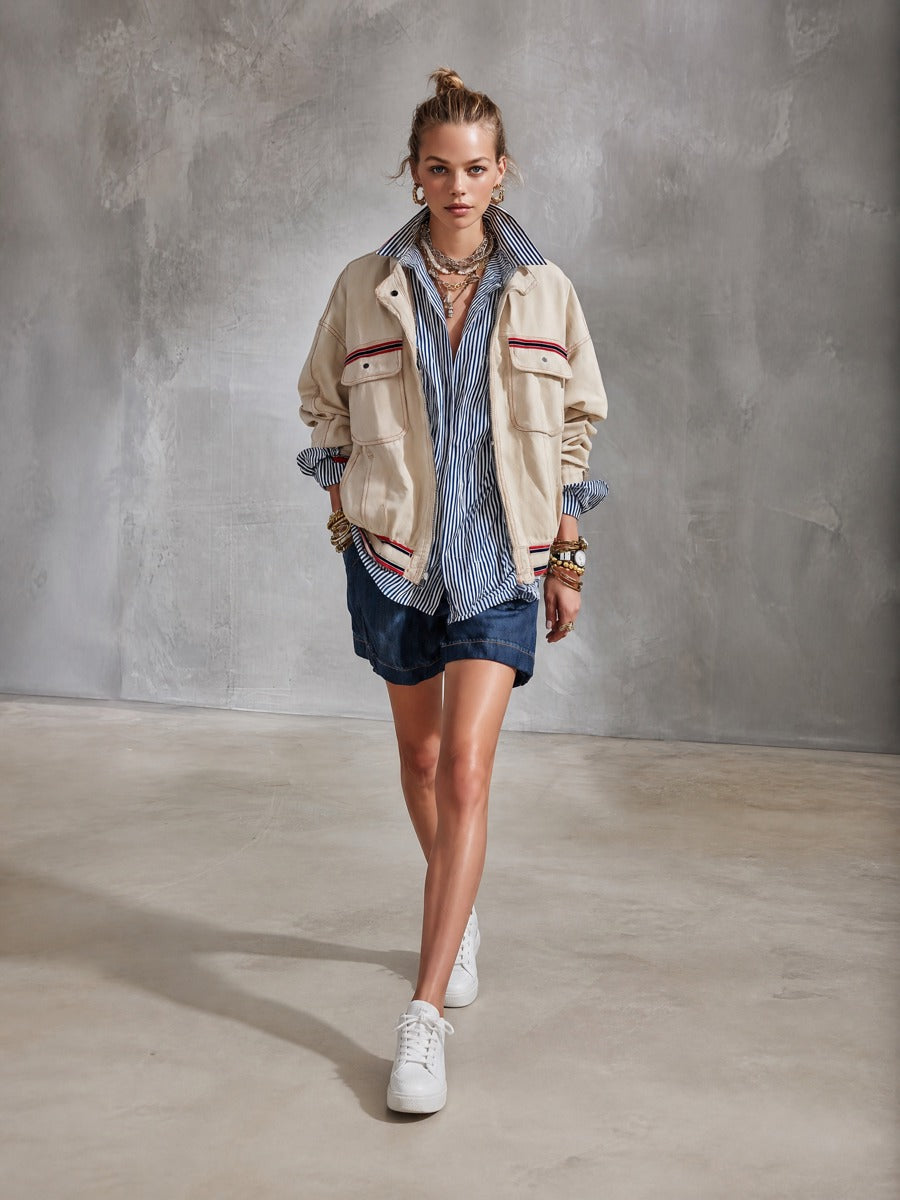 Modern Utility Cotton Twill Relaxed-Fit Beige Contrast-Stripe Zip Jacket
