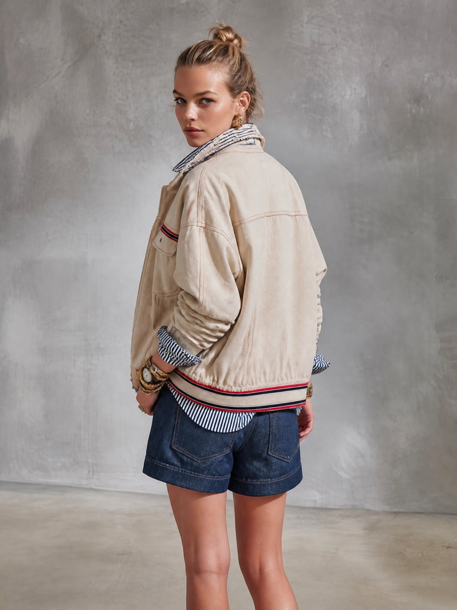 Modern Utility Cotton Twill Relaxed-Fit Beige Contrast-Stripe Zip Jacket