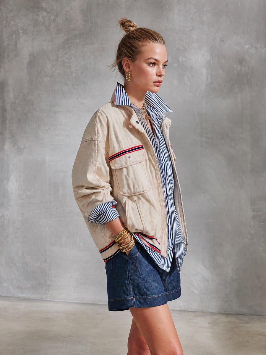 Modern Utility Cotton Twill Relaxed-Fit Beige Contrast-Stripe Zip Jacket