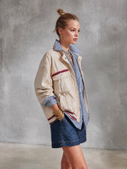 Modern Utility Cotton Twill Relaxed-Fit Beige Contrast-Stripe Zip Jacket