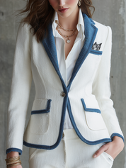 White Tweed Suit Jacket With Blue Trim