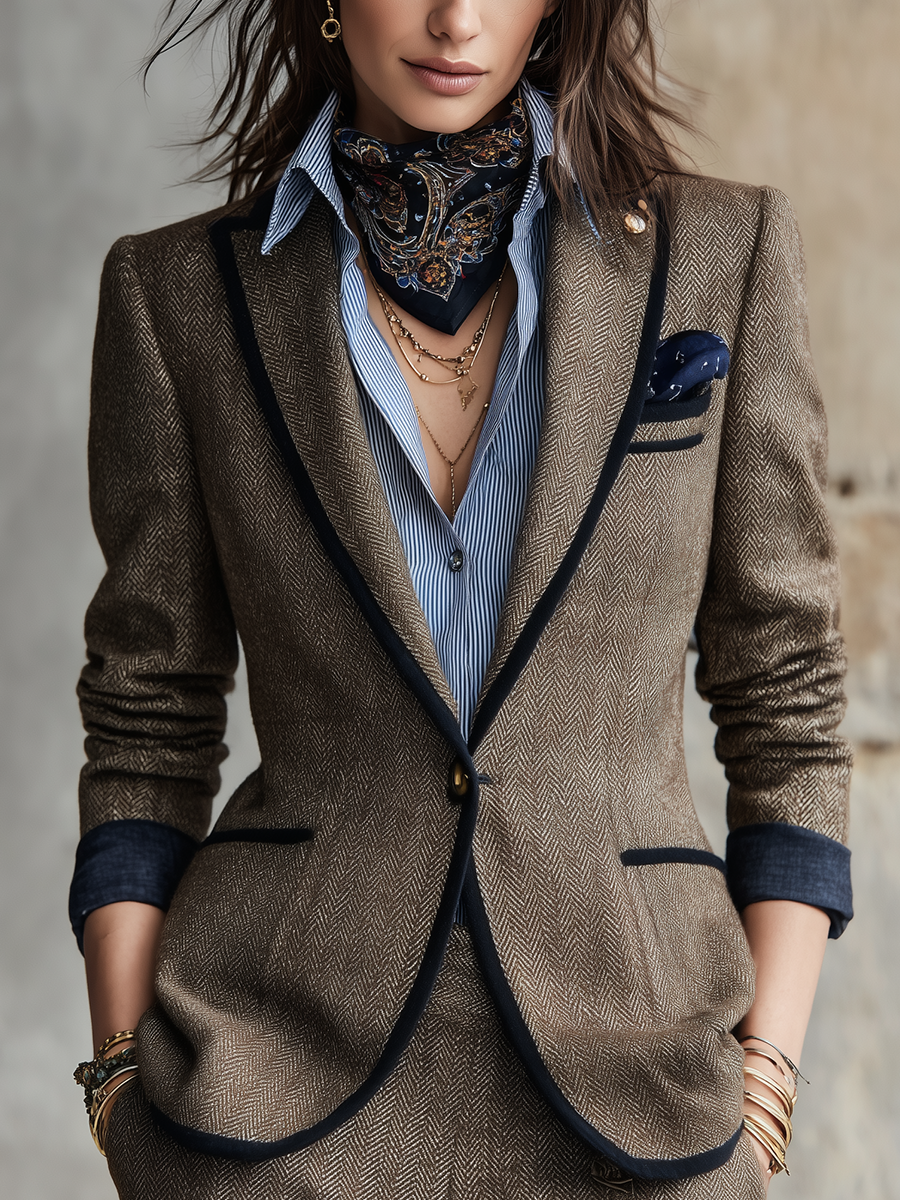 Classic Brown Herringbone Suit Jacket