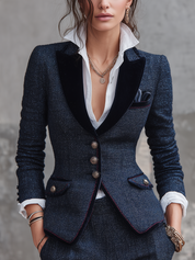 Exquisite Dark Blue Tweed Velvet Lapel Suit Jacket