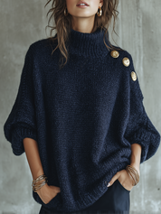 Casual Navy Blue And Gold Button Sweater