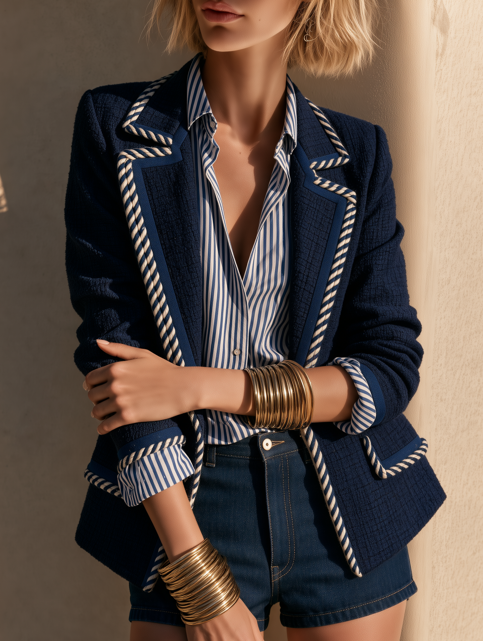 Navy Tweed Blazer With Striped Rope Trim Detail Top