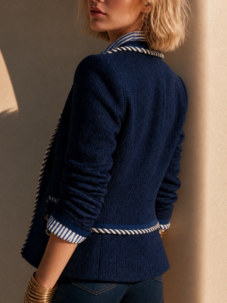 Navy Tweed Blazer With Striped Rope Trim Detail Top