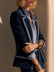 Navy Tweed Blazer With Striped Rope Trim Detail Top
