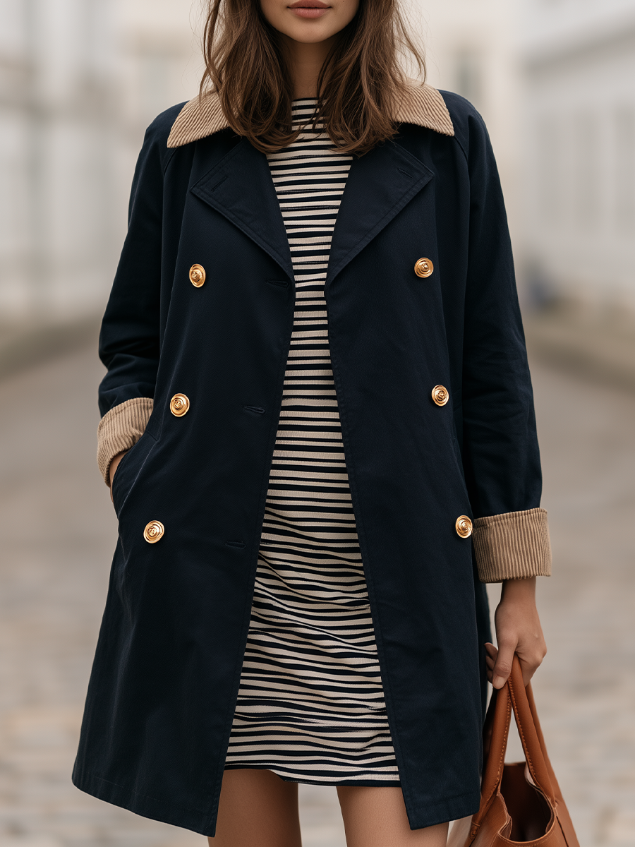 Parisian Chic Corduroy Trim Navy Trench Coat