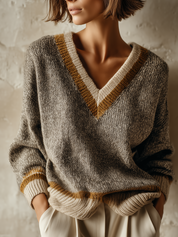 Quiet Luxe Contrast Trim V-Neck Knit Sweater Top
