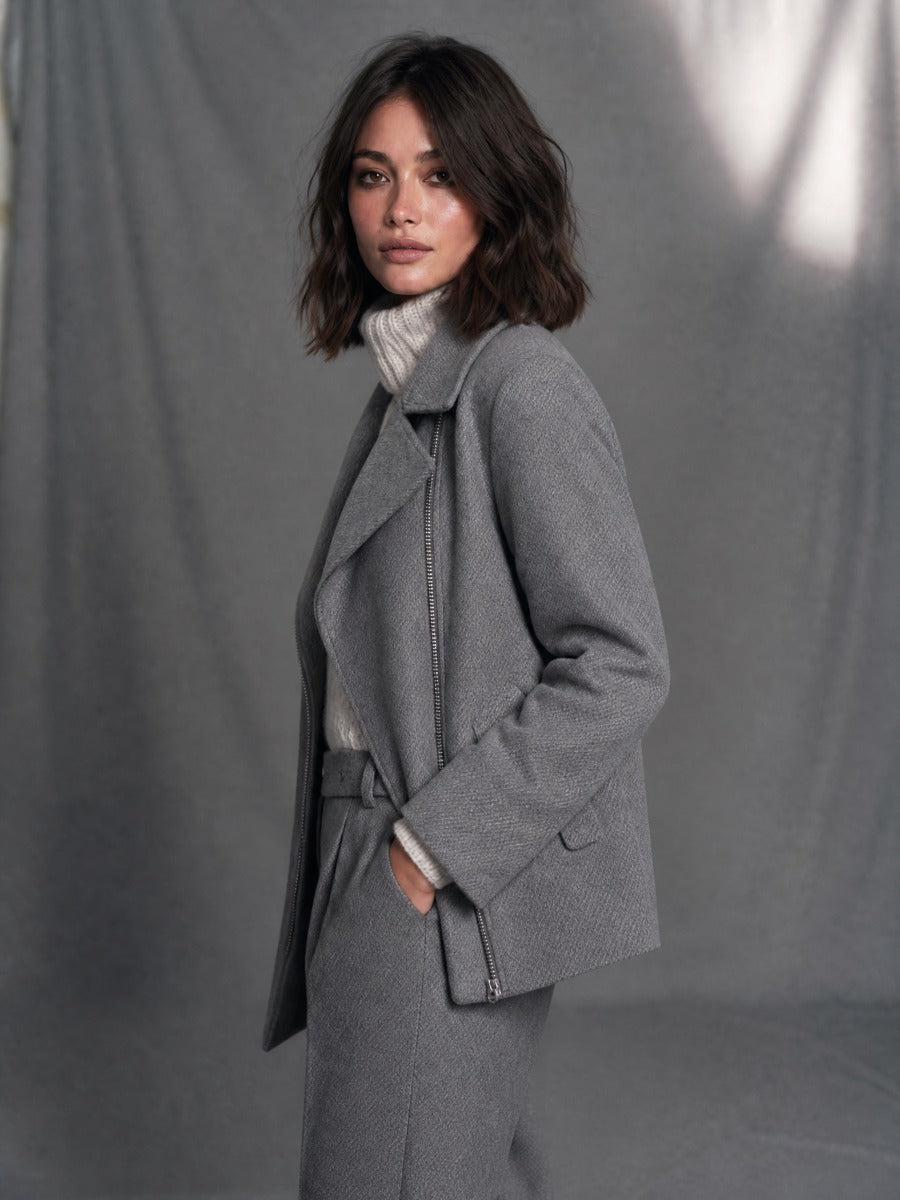 Minimal Grey Wool Blend Moto Jacket