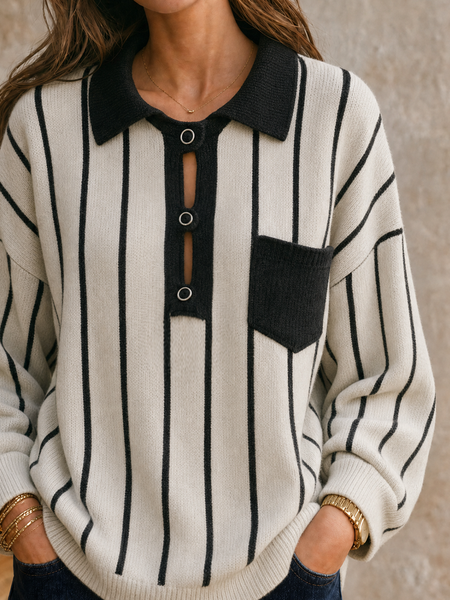 Quiet Luxe Striped Polo Knit Sweater Top