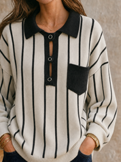 Quiet Luxe Striped Polo Knit Sweater Top