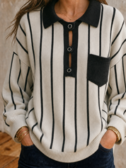 Quiet Luxe Striped Polo Knit Sweater Top
