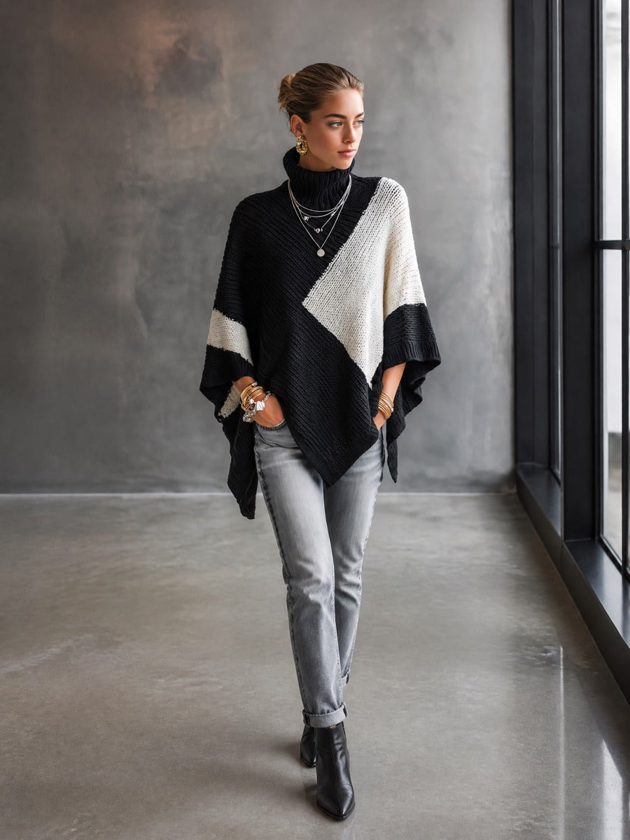 Colorblock Turtleneck Poncho Sweater
