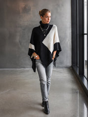 Colorblock Turtleneck Poncho Sweater