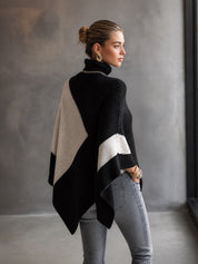 Colorblock Turtleneck Poncho Sweater