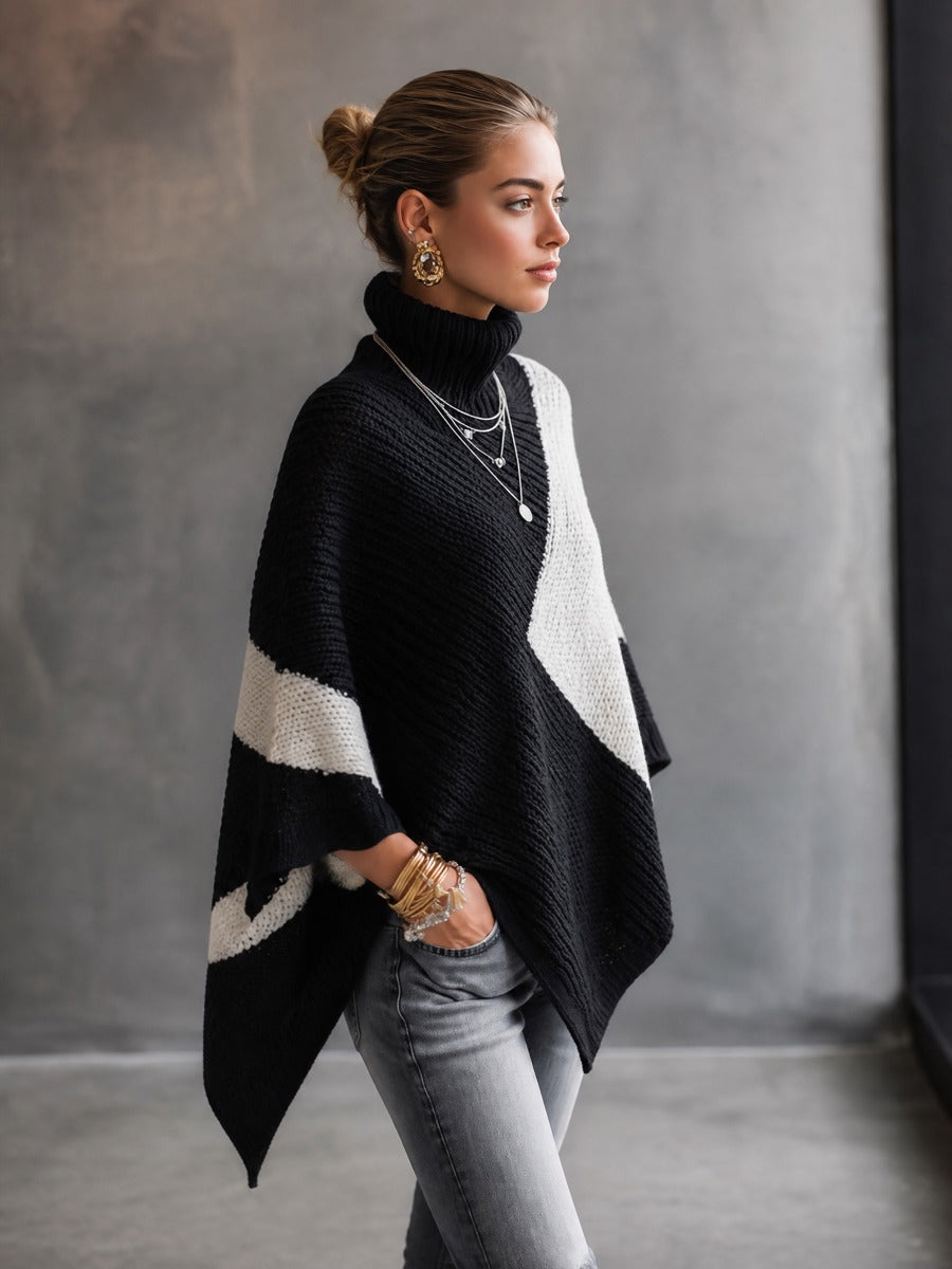 Colorblock Turtleneck Poncho Sweater