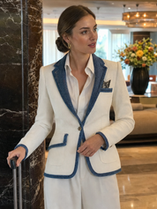 White Tweed Suit Jacket With Blue Trim