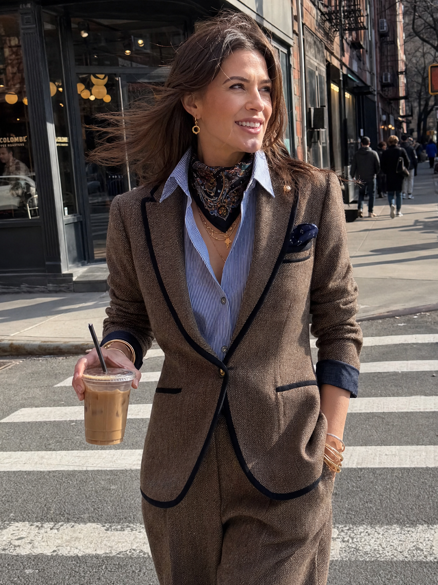 Classic Brown Herringbone Suit Jacket