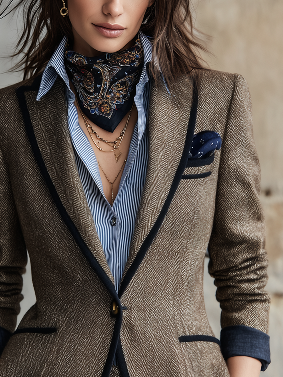 Classic Brown Herringbone Suit Jacket