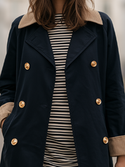 Parisian Chic Corduroy Trim Navy Trench Coat