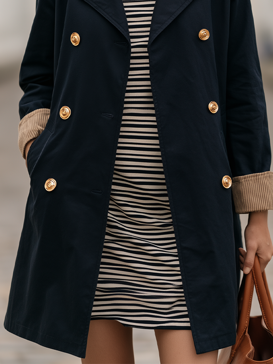 Parisian Chic Corduroy Trim Navy Trench Coat