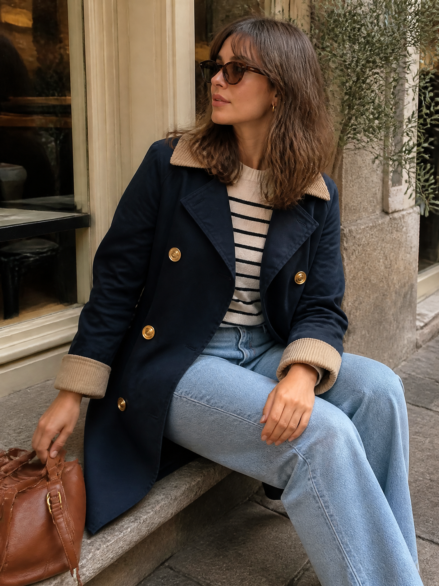 Parisian Chic Corduroy Trim Navy Trench Coat