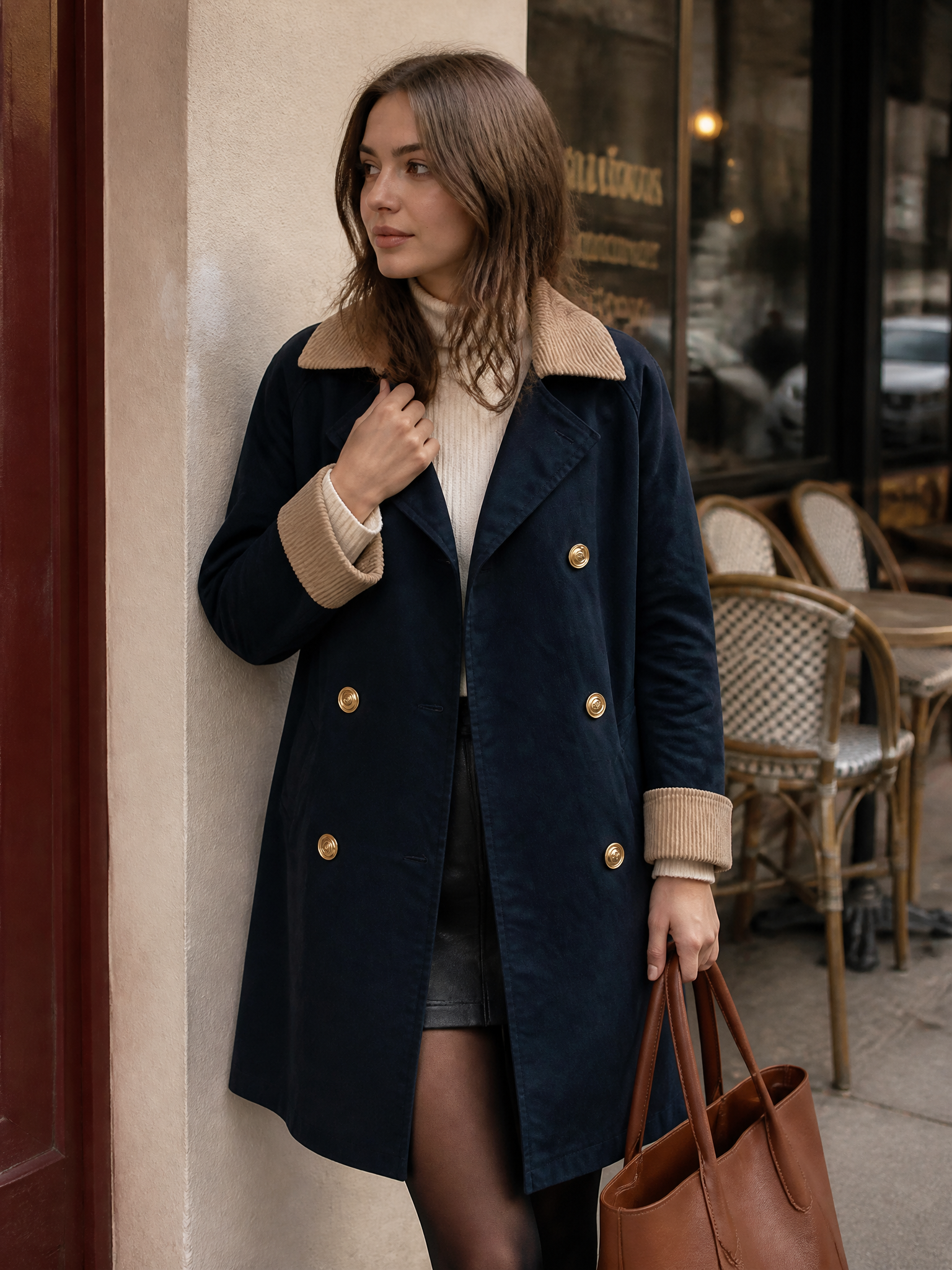 Parisian Chic Corduroy Trim Navy Trench Coat