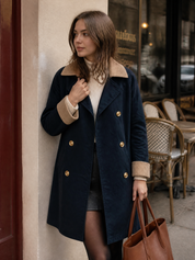 Parisian Chic Corduroy Trim Navy Trench Coat