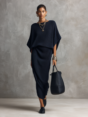 Bohemian Textured Knit Relaxed-Fit Navy Blue Maxi Dress