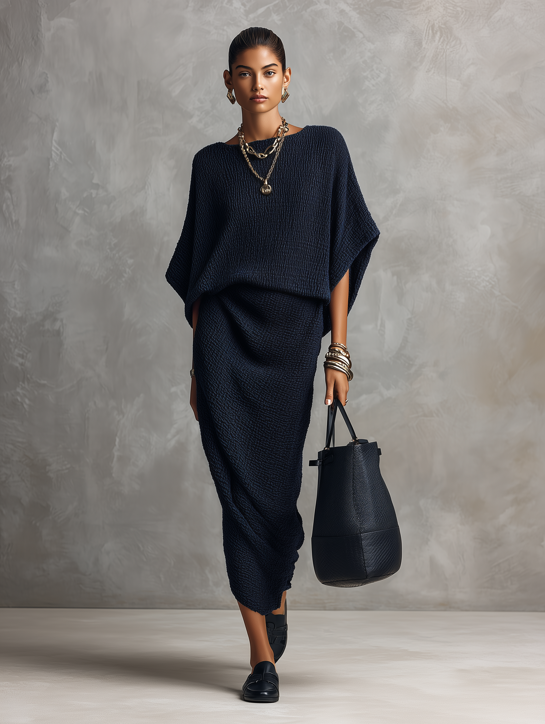Bohemian Textured Knit Relaxed-Fit Navy Blue Maxi Dress