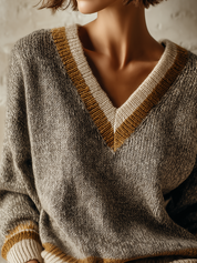 Quiet Luxe Contrast Trim V-Neck Knit Sweater Top