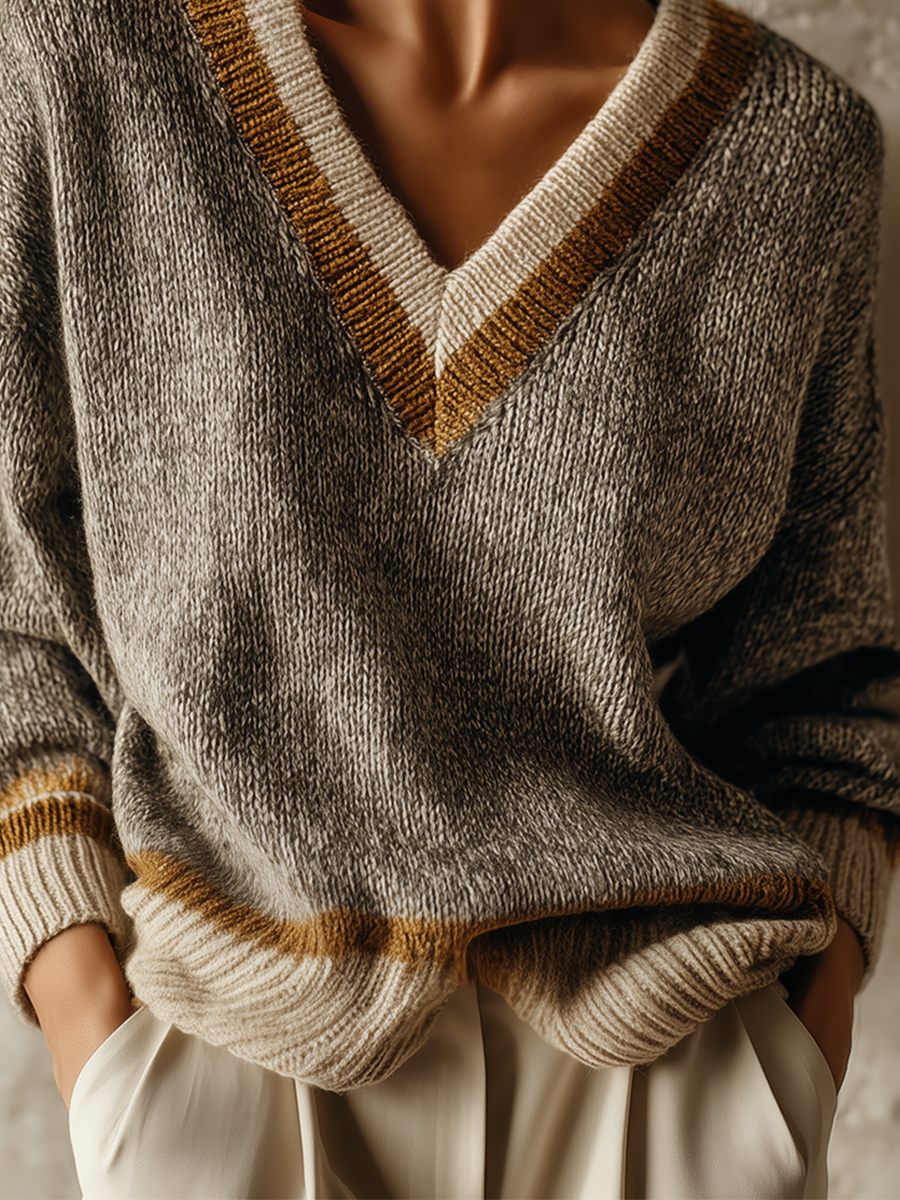 Quiet Luxe Contrast Trim V-Neck Knit Sweater Top