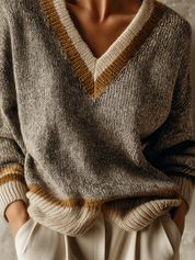 Quiet Luxe Contrast Trim V-Neck Knit Sweater Top