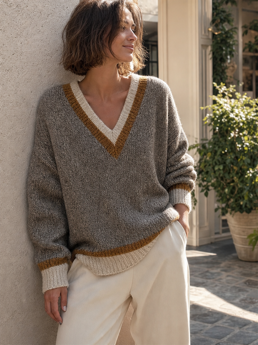 Quiet Luxe Contrast Trim V-Neck Knit Sweater Top