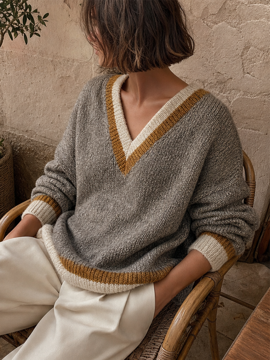 Quiet Luxe Contrast Trim V-Neck Knit Sweater Top