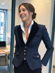 Exquisite Dark Blue Tweed Velvet Lapel Suit Jacket
