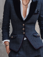 Exquisite Dark Blue Tweed Velvet Lapel Suit Jacket