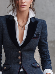 Exquisite Dark Blue Tweed Velvet Lapel Suit Jacket