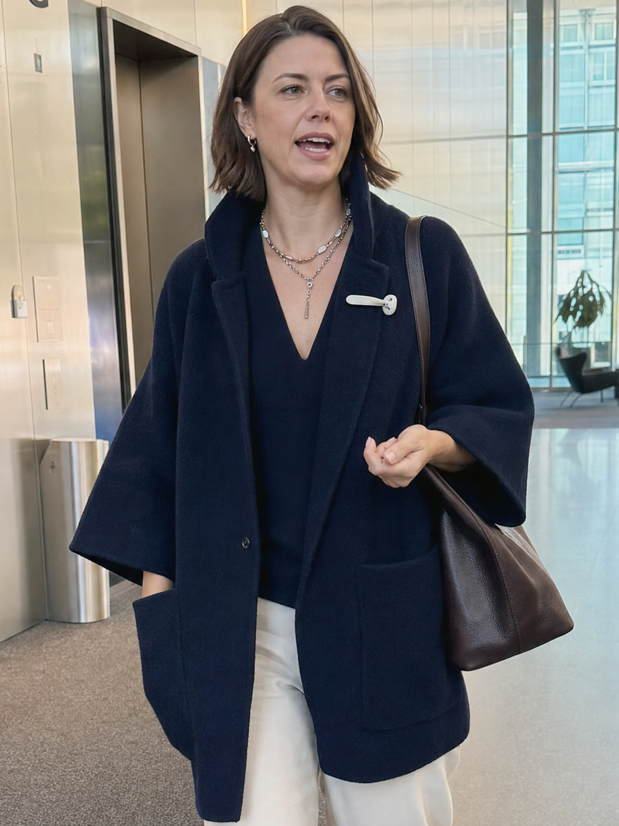 Minimalist Navy Blue Stand-up Collar Duffle Coat