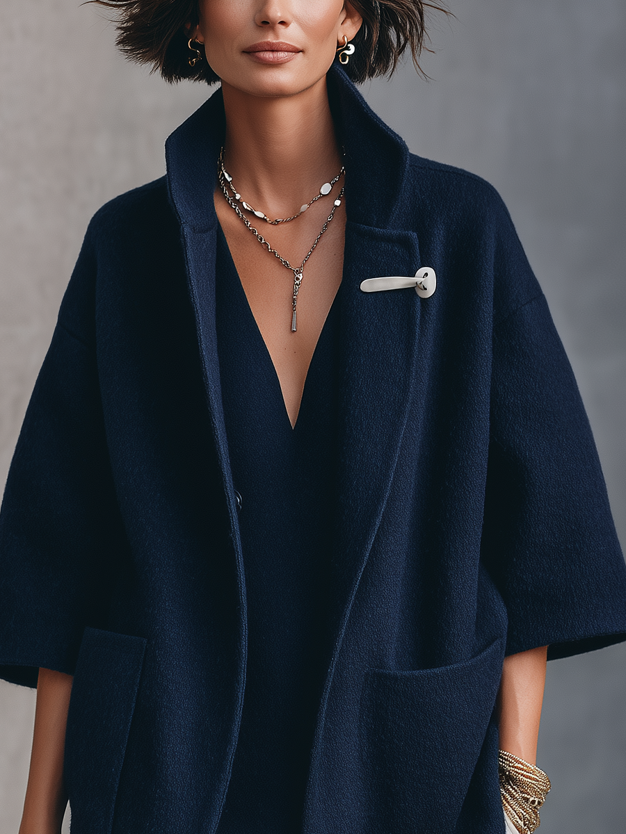 Minimalist Navy Blue Stand-up Collar Duffle Coat